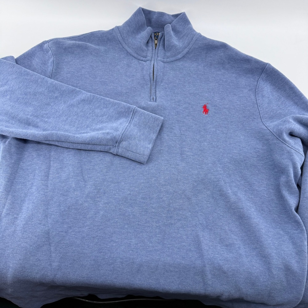 Polo Ralph Lauren Mens XL Quarter Zip Pullover Blue Cotton Knit Sweater Red Pony